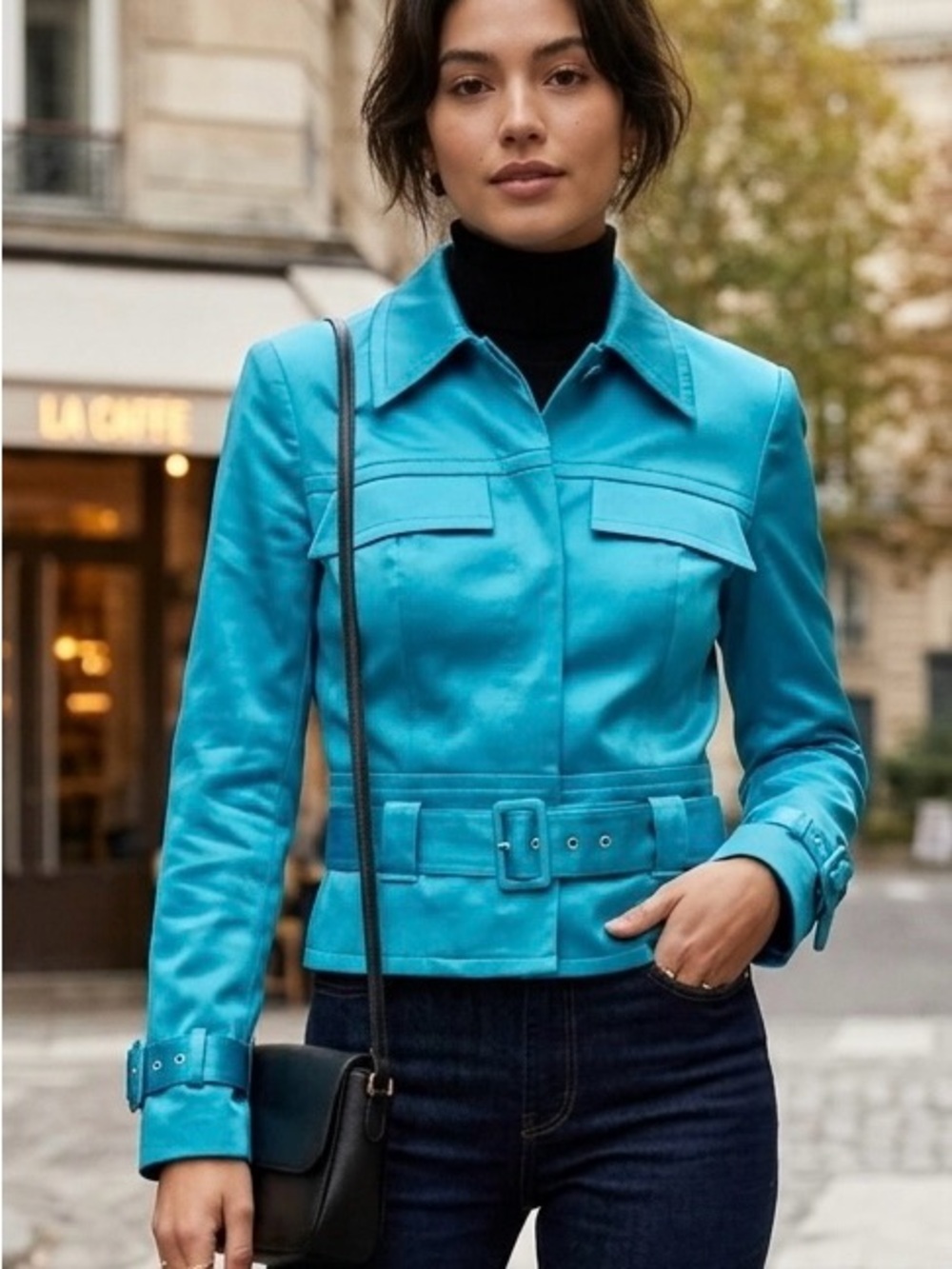NWT CACHE Vintage Y2K Satin Teal Blue Belted Button Up Moto Jacket